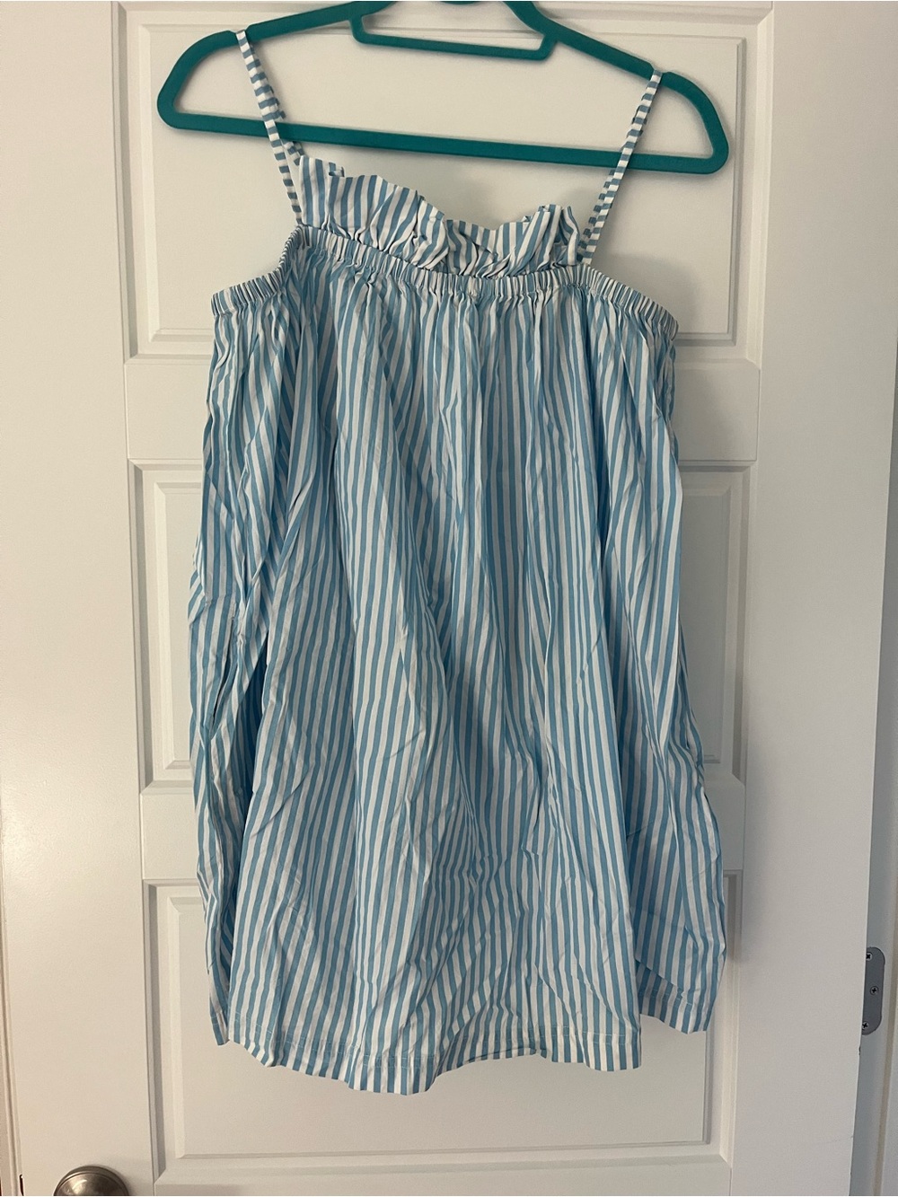 LAKE Striped Sleeveless Cotton Nightdress in Light Blue and White